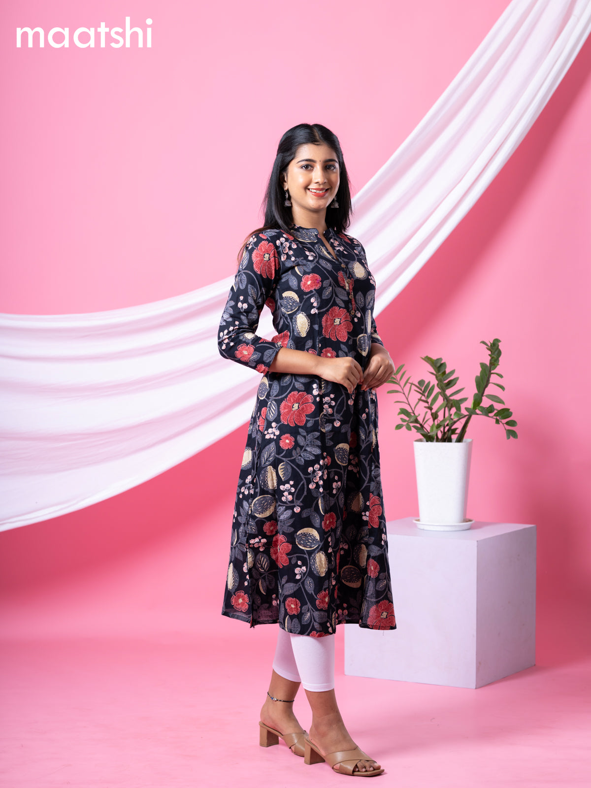 Cotton readymade A-line kurti black and multi colour with allover floral prints & collar neck pattern and without pant