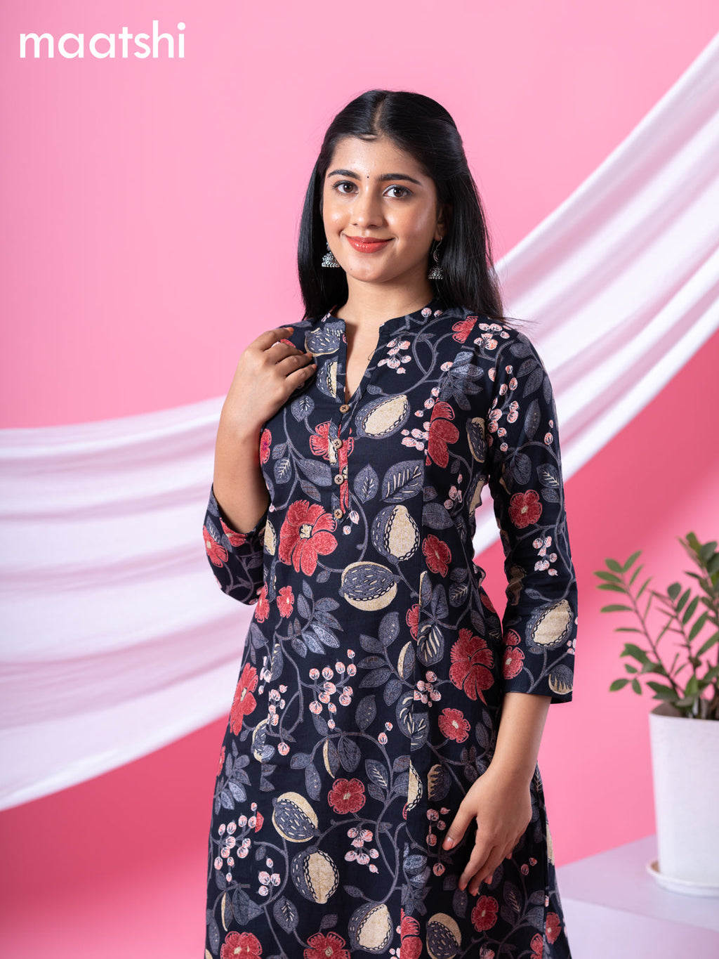 Cotton readymade A-line kurti black and multi colour with allover floral prints & collar neck pattern and without pant