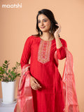 Cotton salwar suit red with self emboss & embroidery mirror work neck pattern and straight cut pant & banarasi dupatta