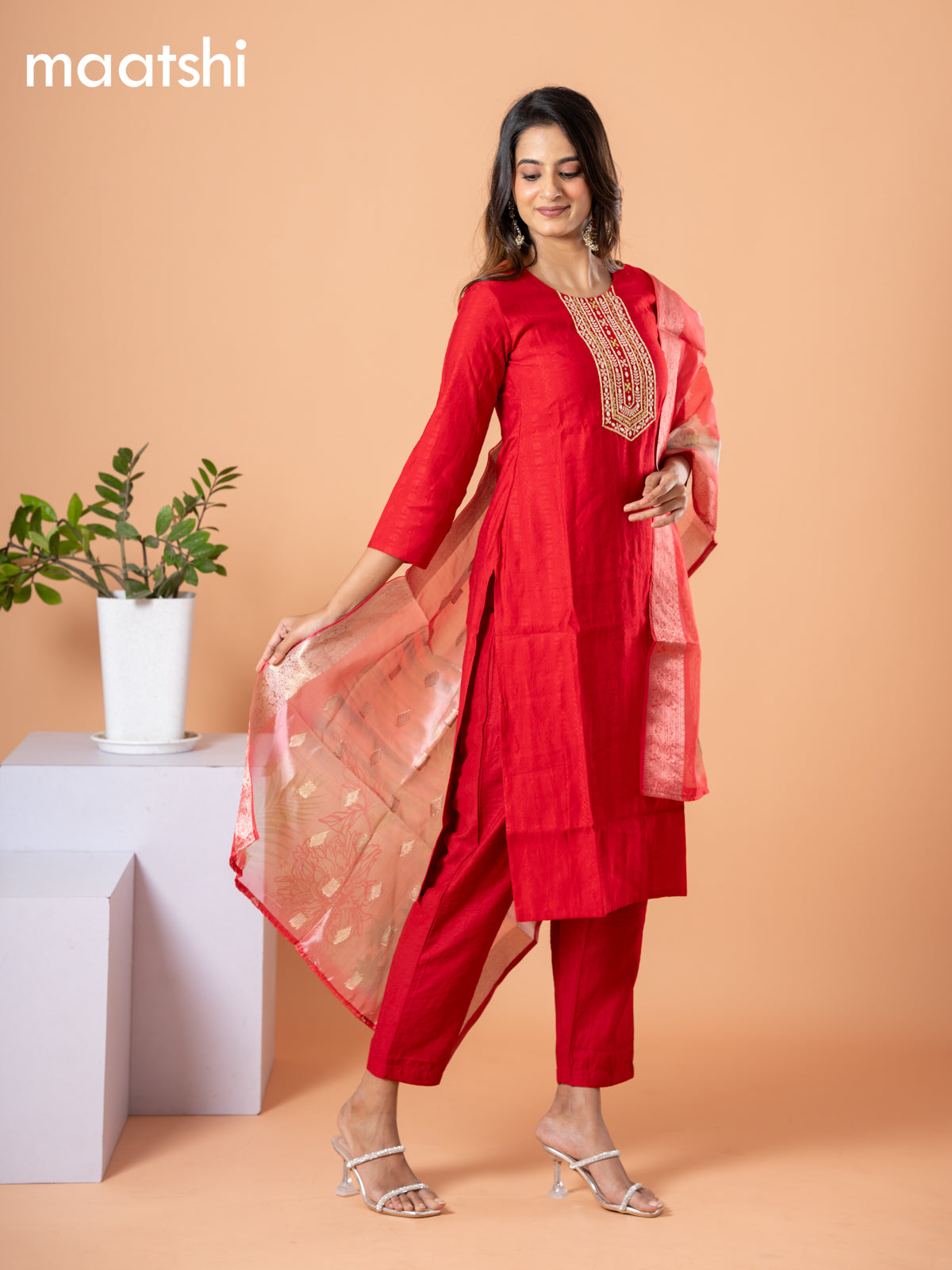 Cotton salwar suit red with self emboss & embroidery mirror work neck pattern and straight cut pant & banarasi dupatta