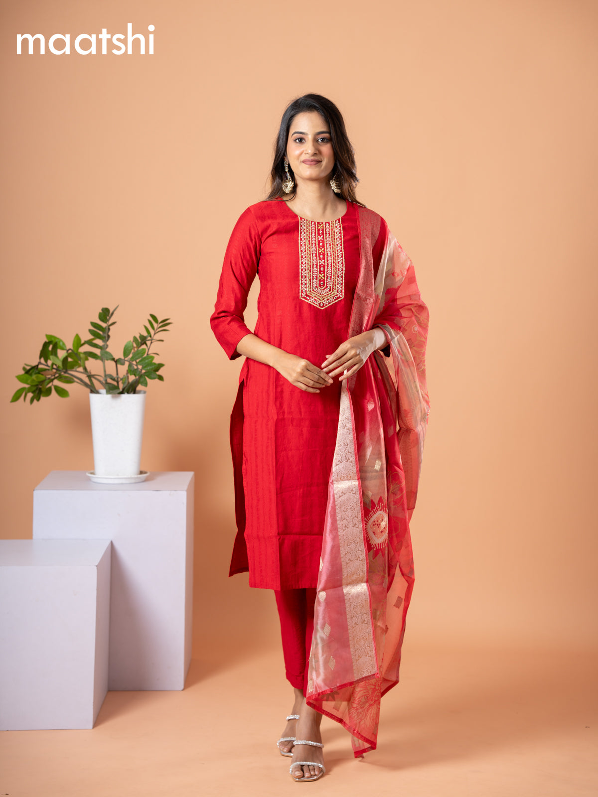 Cotton salwar suit red with self emboss & embroidery mirror work neck pattern and straight cut pant & banarasi dupatta