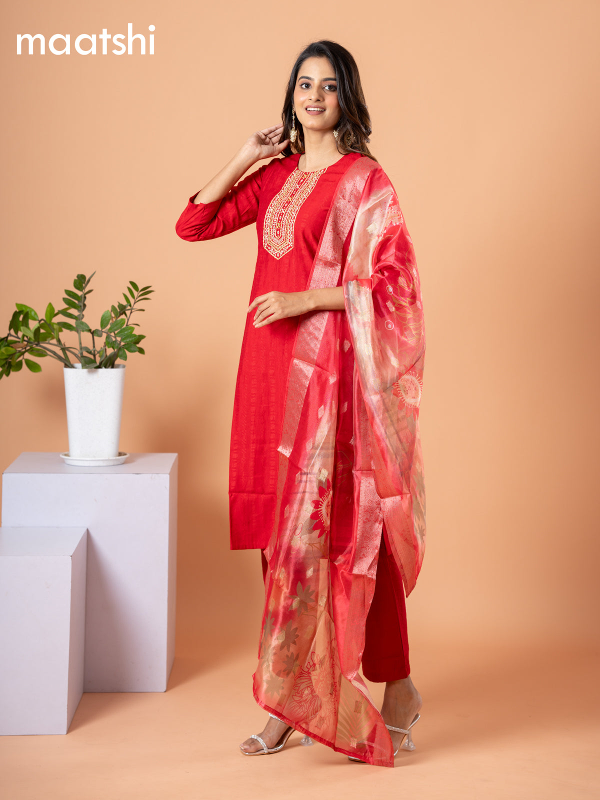 Cotton salwar suit red with self emboss & embroidery mirror work neck pattern and straight cut pant & banarasi dupatta