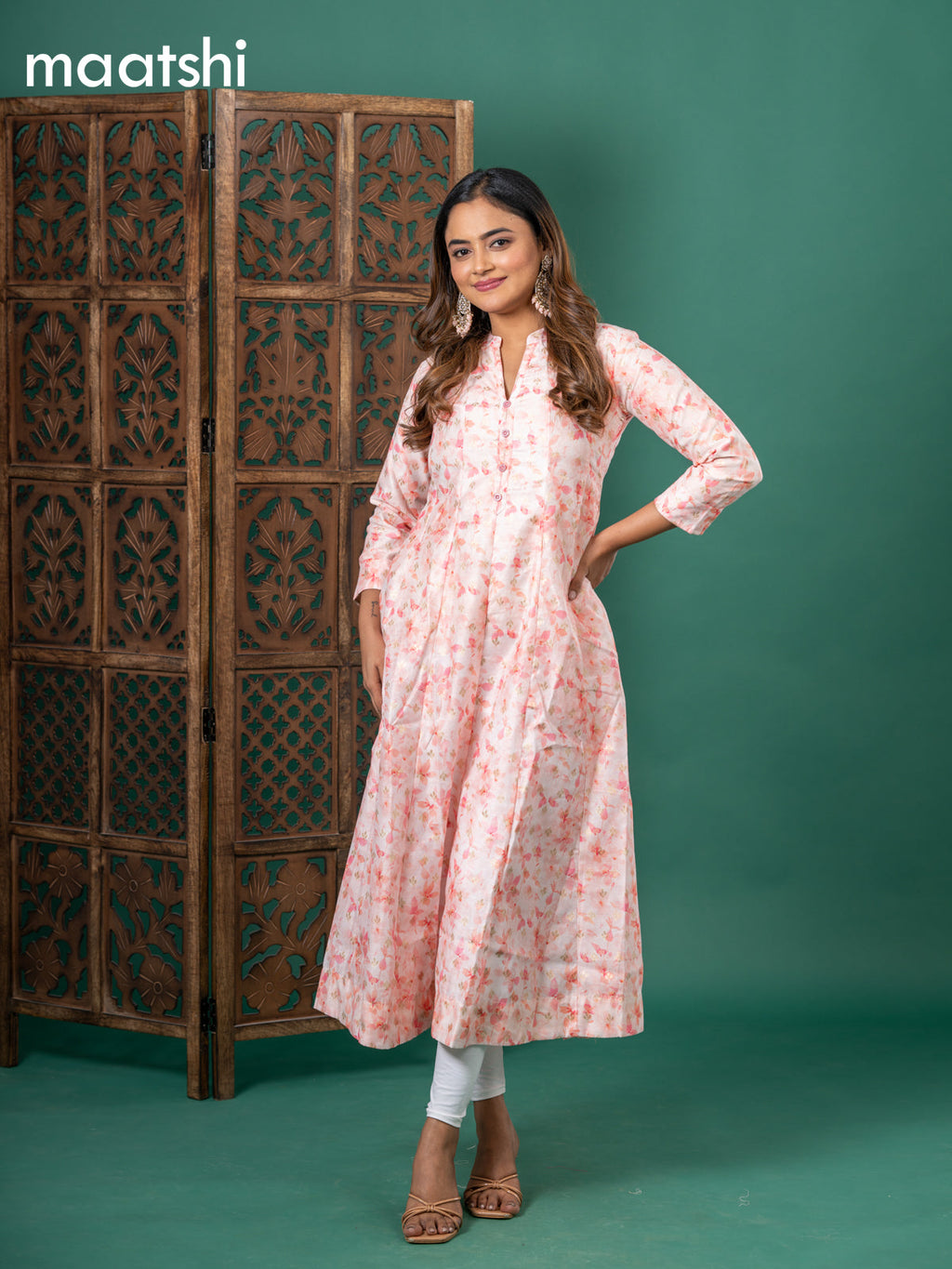 Chanderi readymade anarkali kurti mild peach with digital prints & zari buttas simple neck pattern and without pant