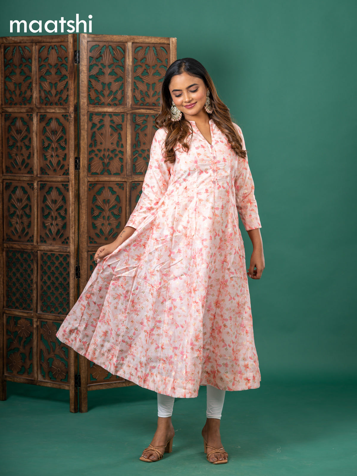 Chanderi readymade anarkali kurti mild peach with digital prints & zari buttas simple neck pattern and without pant