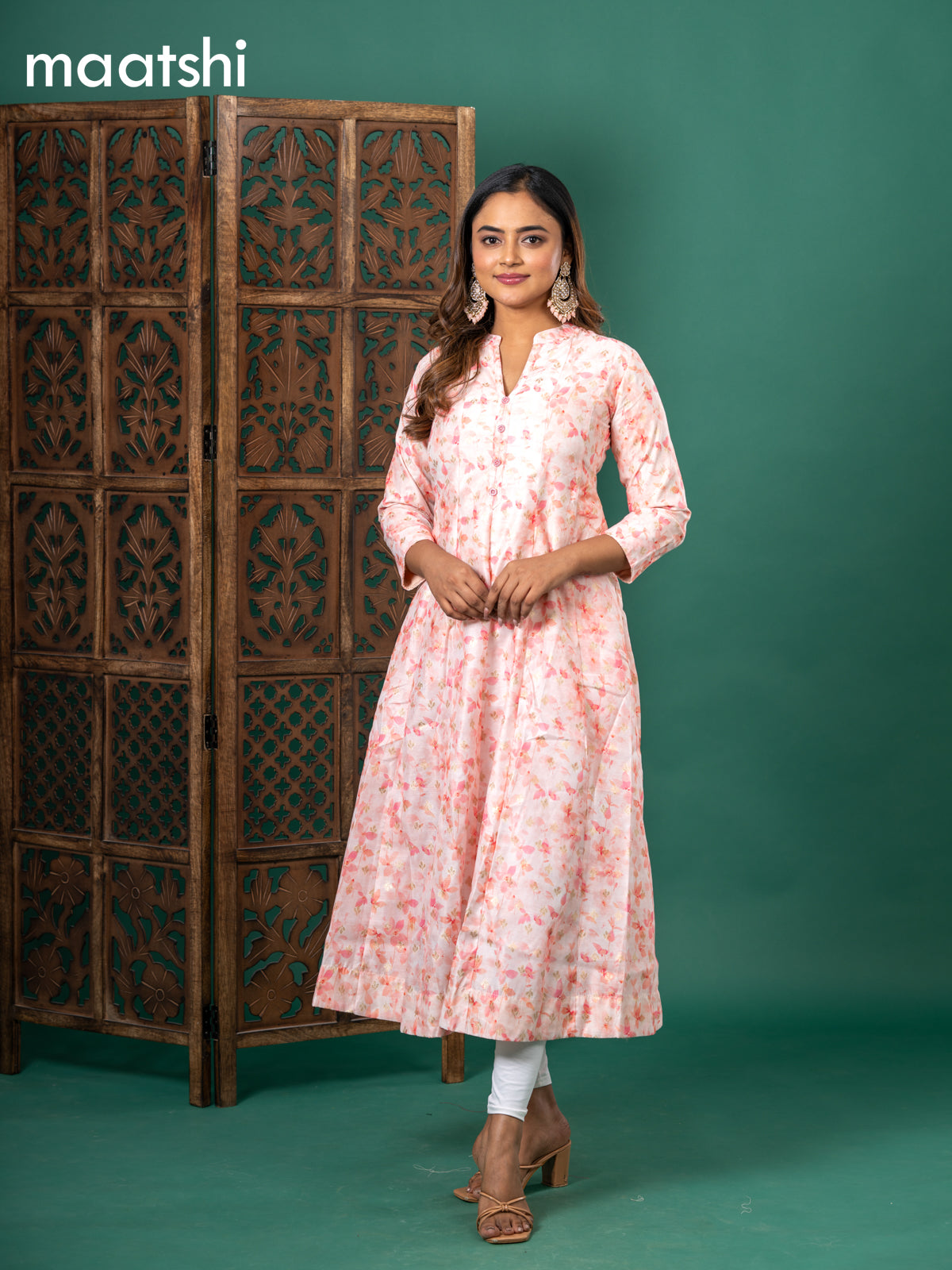 Chanderi readymade anarkali kurti mild peach with digital prints & zari buttas simple neck pattern and without pant