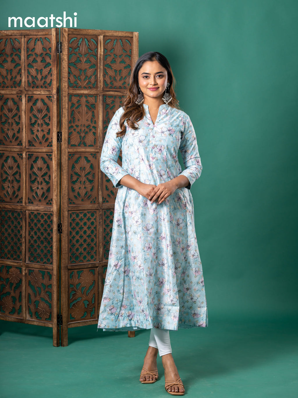 Chanderi readymade anarkali kurti teal blue with floral digital prints & zari buttas simple neck pattern and without pant