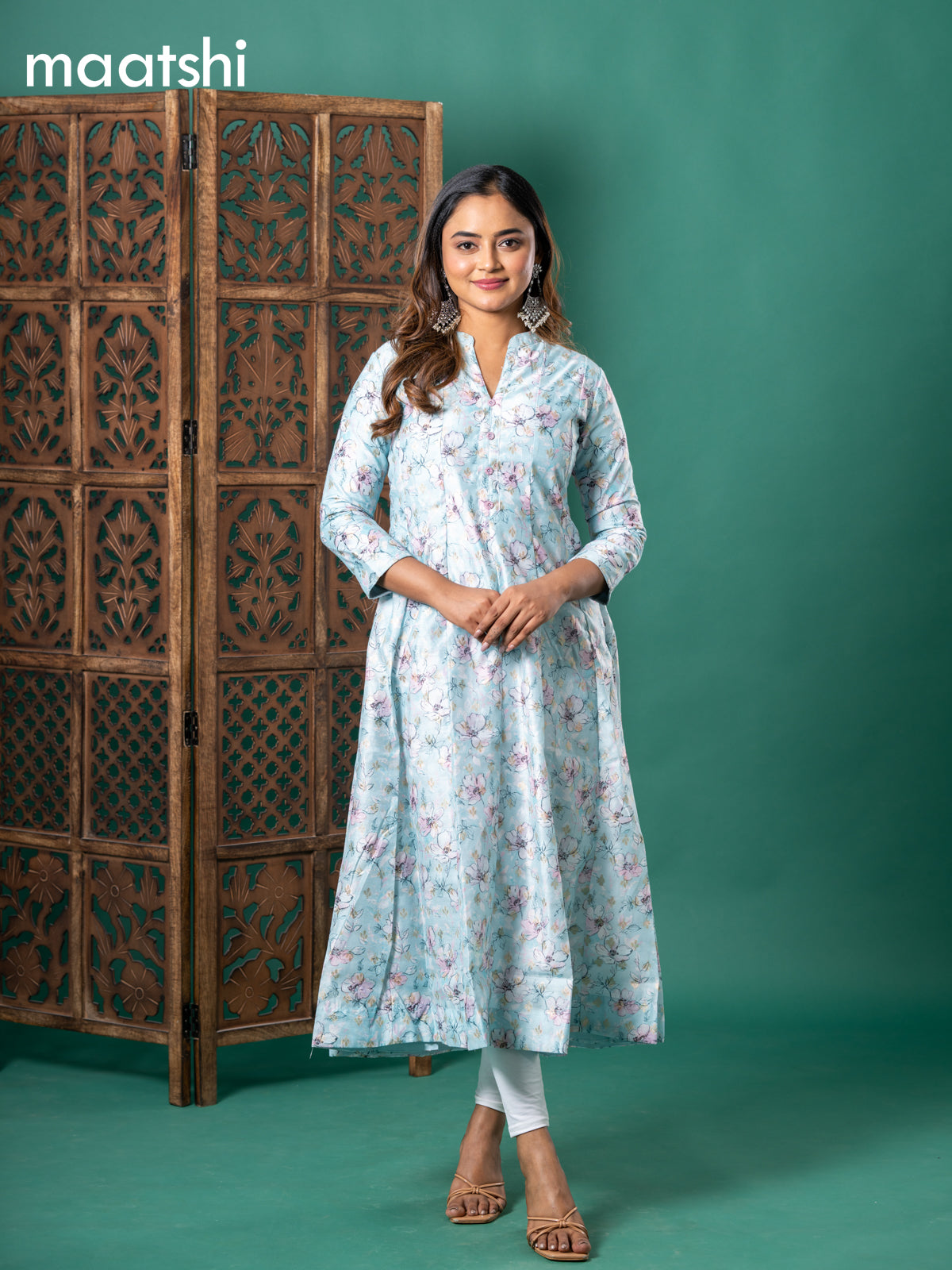 Chanderi readymade anarkali kurti teal blue with floral digital prints & zari buttas simple neck pattern and without pant