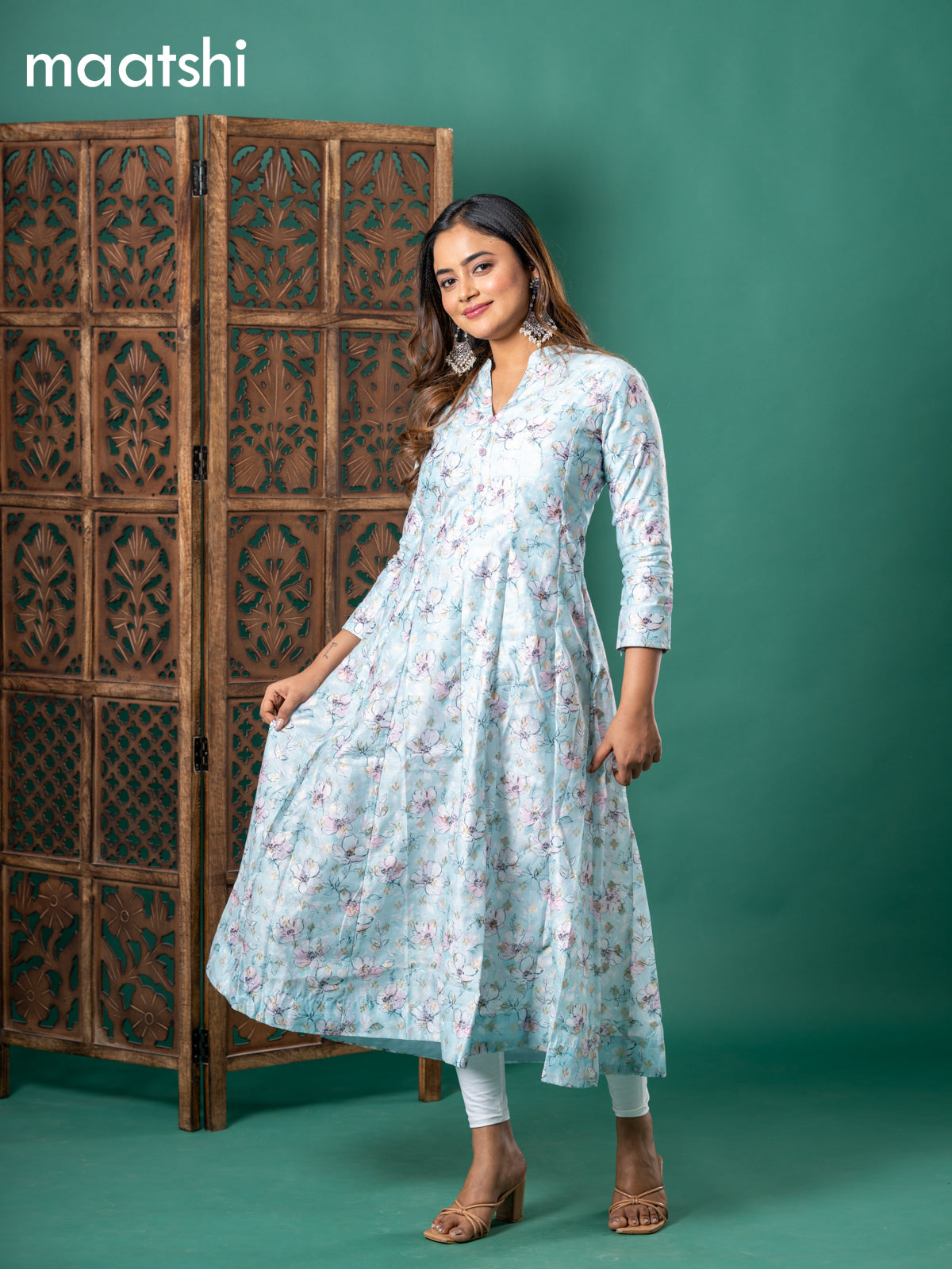 Chanderi readymade anarkali kurti teal blue with floral digital prints & zari buttas simple neck pattern and without pant
