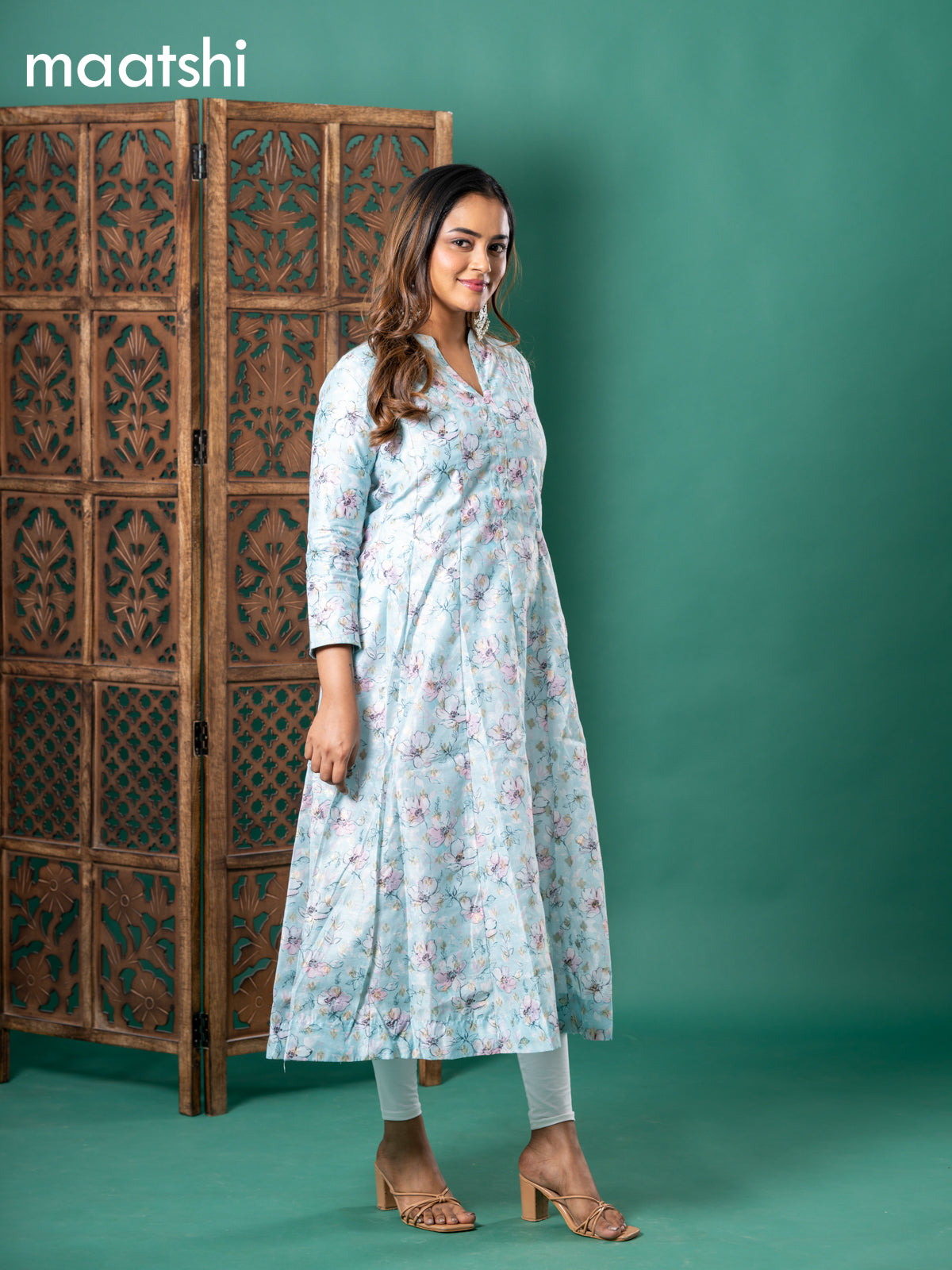 Chanderi readymade anarkali kurti teal blue with floral digital prints & zari buttas simple neck pattern and without pant