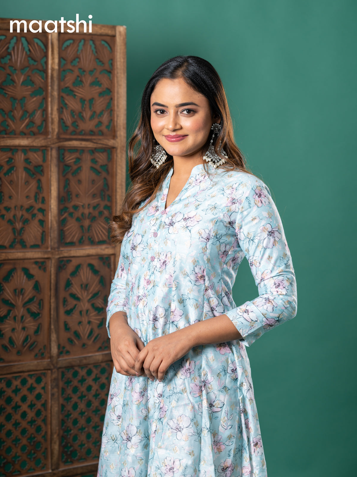 Chanderi readymade anarkali kurti teal blue with floral digital prints & zari buttas simple neck pattern and without pant