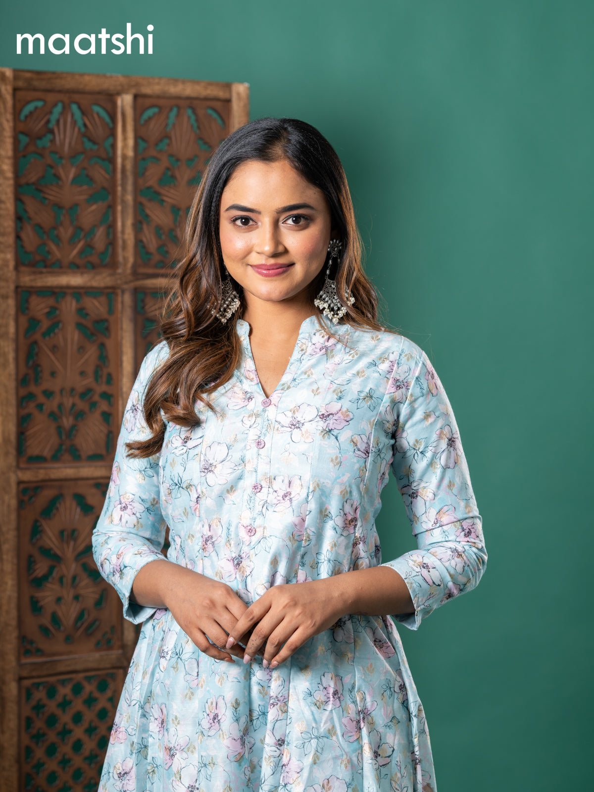 Chanderi readymade anarkali kurti teal blue with floral digital prints & zari buttas simple neck pattern and without pant