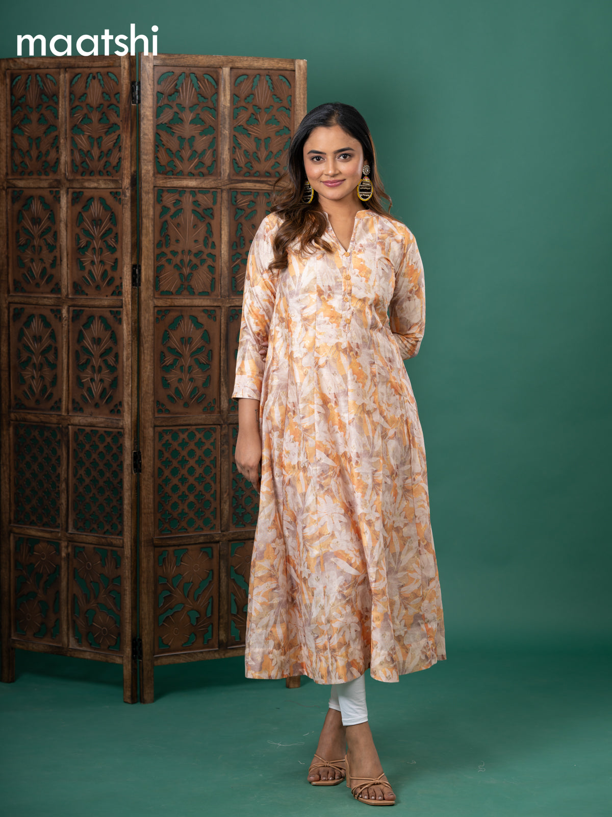 Chanderi readymade anarkali kurti cream and yellow with digital prints & zari buttas simple neck pattern and without pant