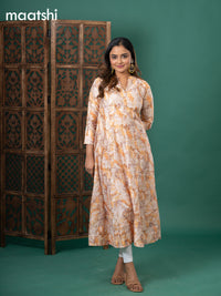 Chanderi readymade anarkali kurti cream and yellow with digital prints & zari buttas simple neck pattern and without pant