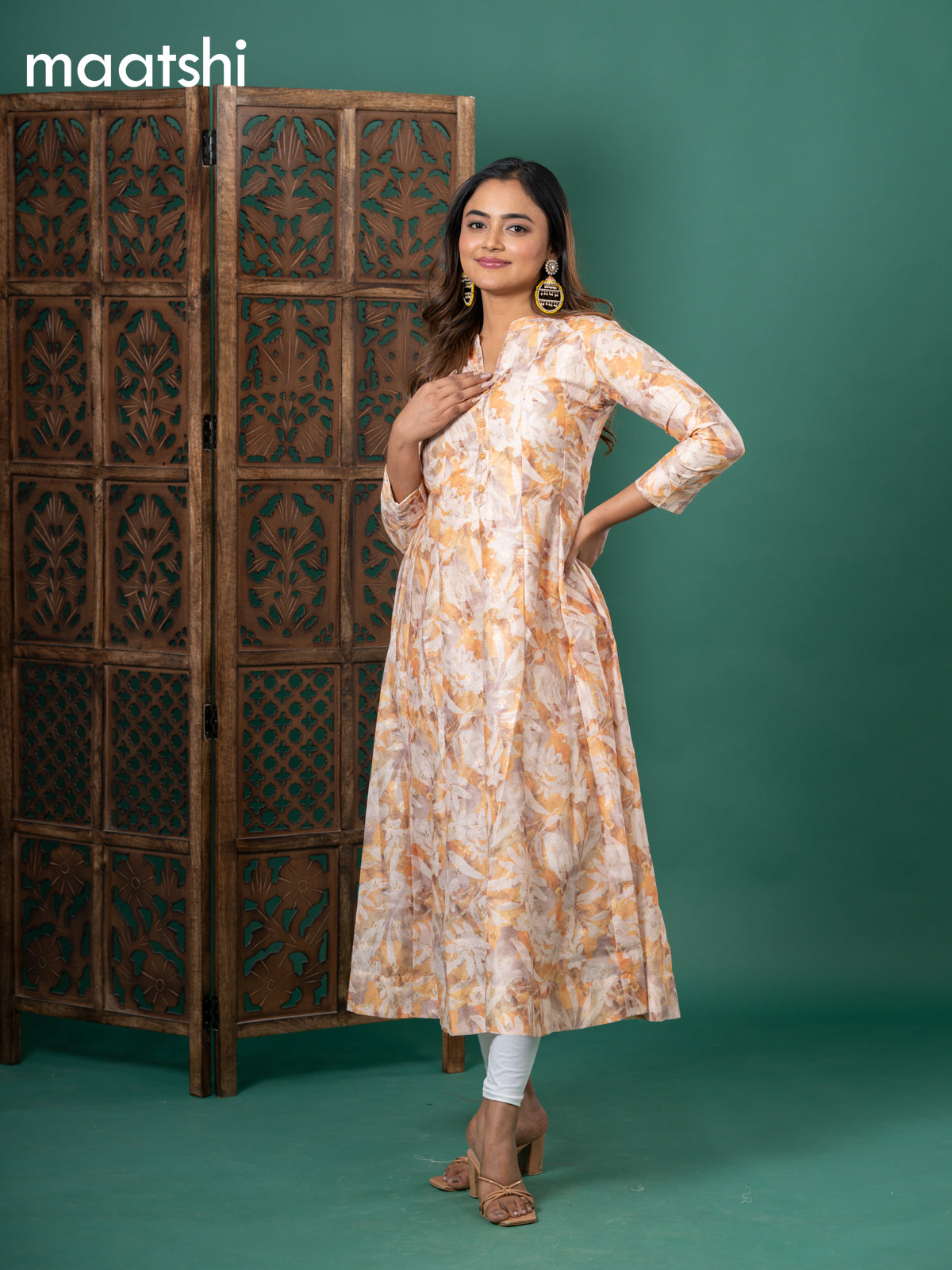 Chanderi readymade anarkali kurti cream and yellow with digital prints & zari buttas simple neck pattern and without pant