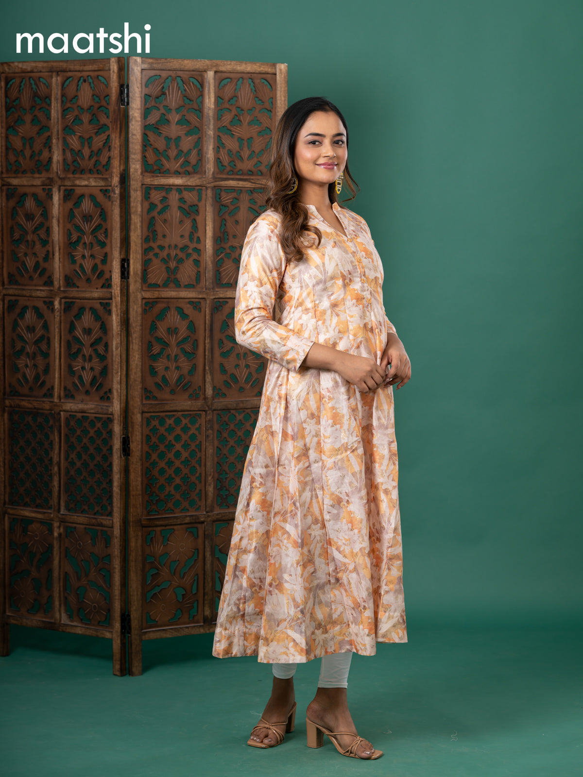 Chanderi readymade anarkali kurti cream and yellow with digital prints & zari buttas simple neck pattern and without pant