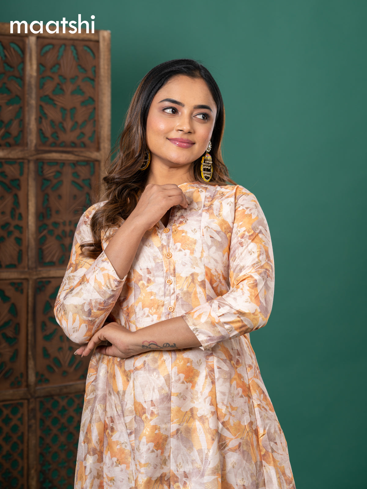 Chanderi readymade anarkali kurti cream and yellow with digital prints & zari buttas simple neck pattern and without pant