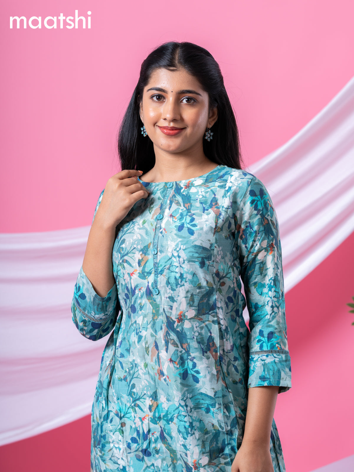 Rayon readymade A-line kurti teal blue with allover floral prints & simple neck pattern and without pant