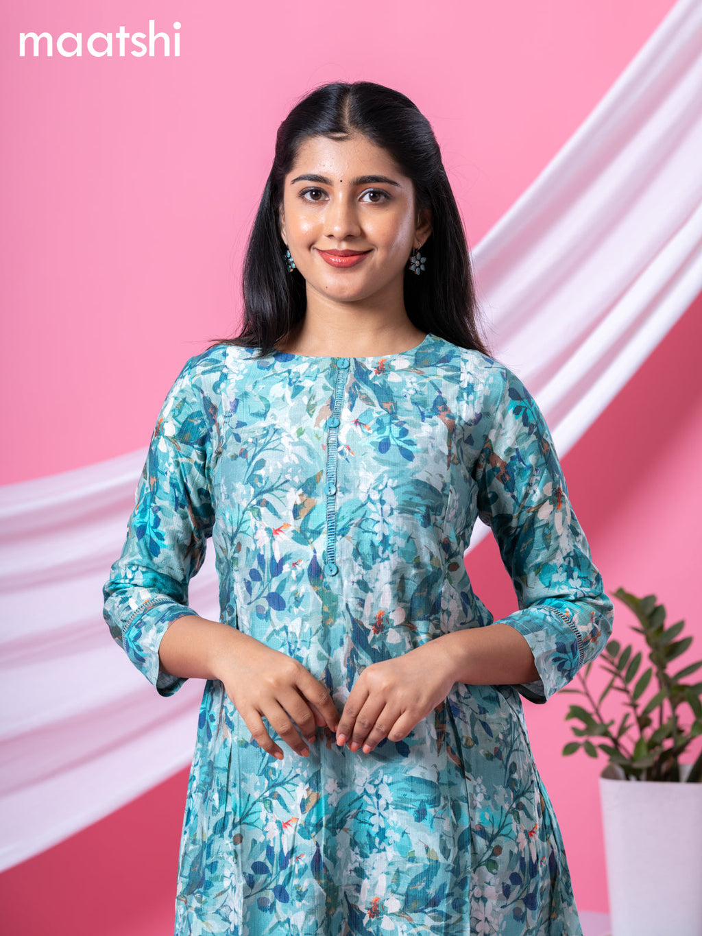 Rayon readymade A-line kurti teal blue with allover floral prints & simple neck pattern and without pant