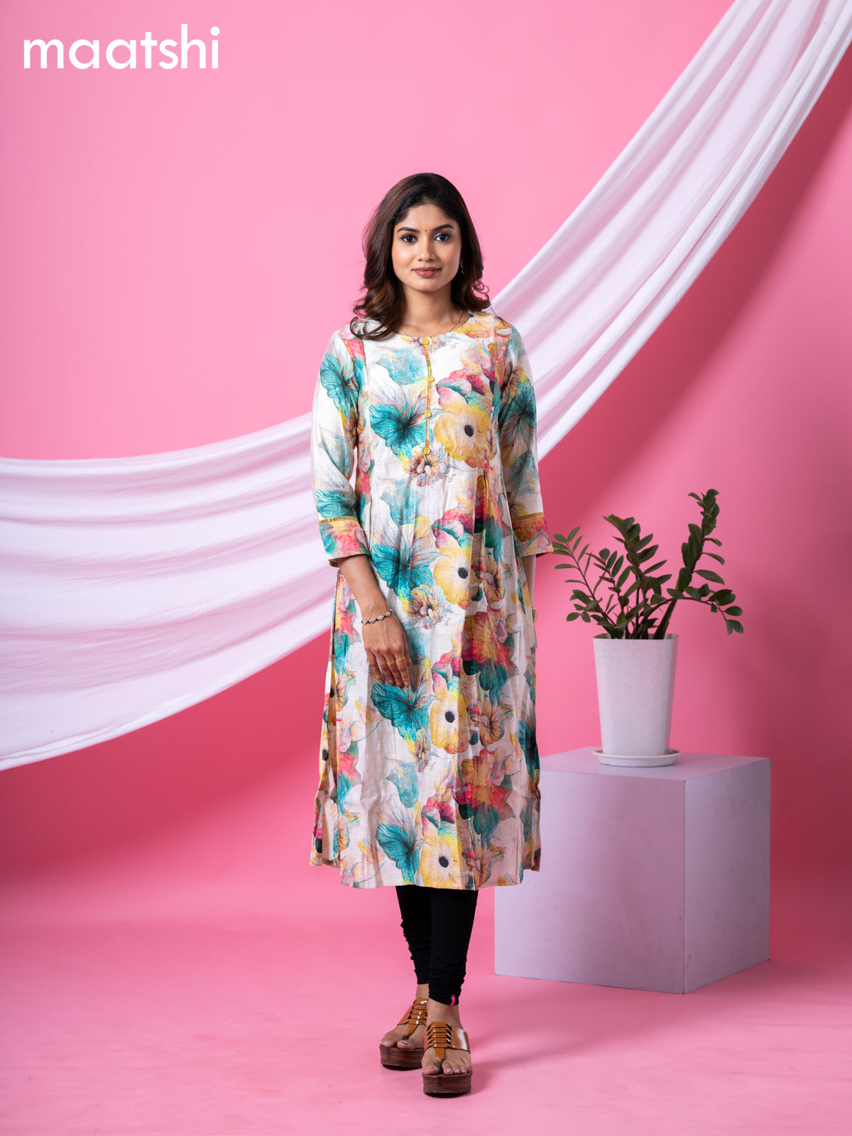 Rayon readymade A-line kurti cream and multi colour with allover floral prints & simple neck pattern and without pant