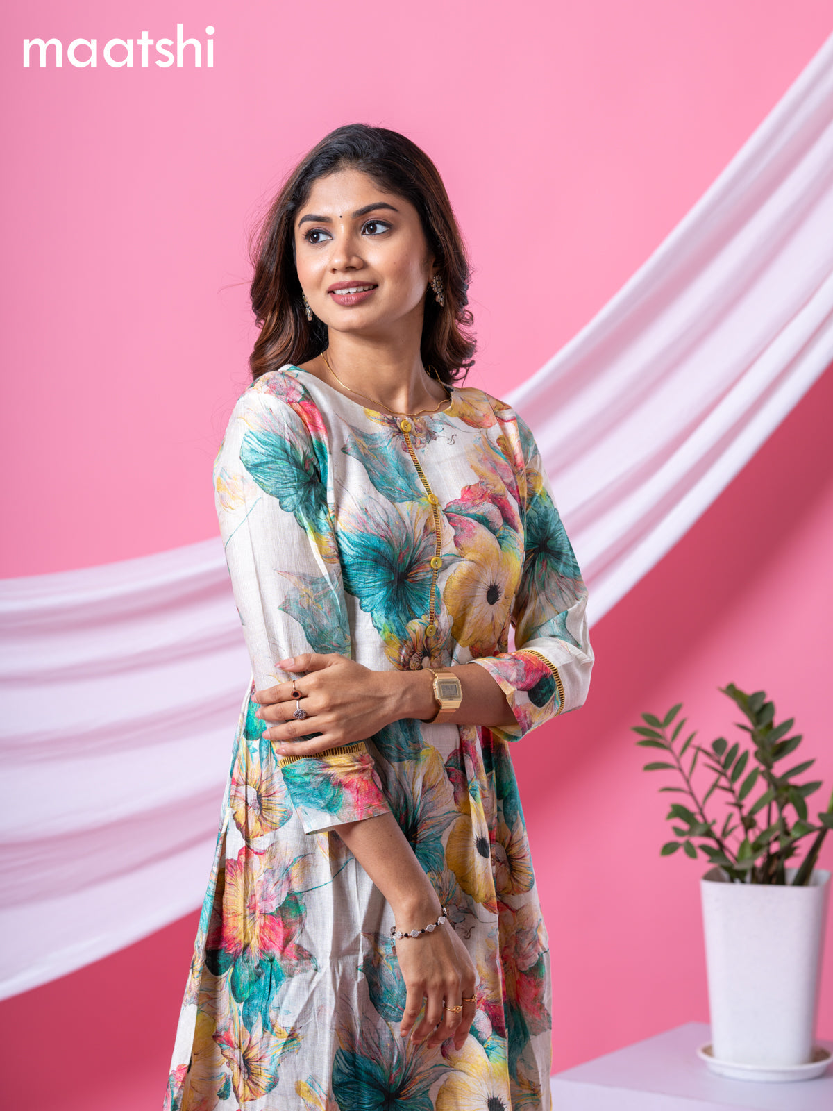 Rayon readymade A-line kurti cream and multi colour with allover floral prints & simple neck pattern and without pant