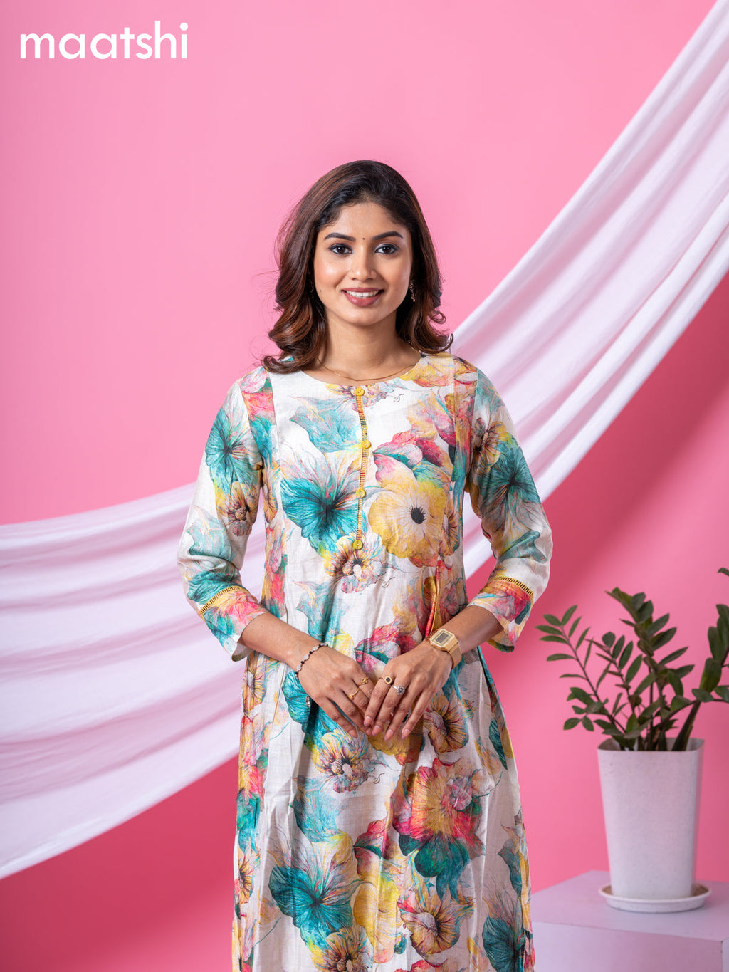 Rayon readymade A-line kurti cream and multi colour with allover floral prints & simple neck pattern and without pant