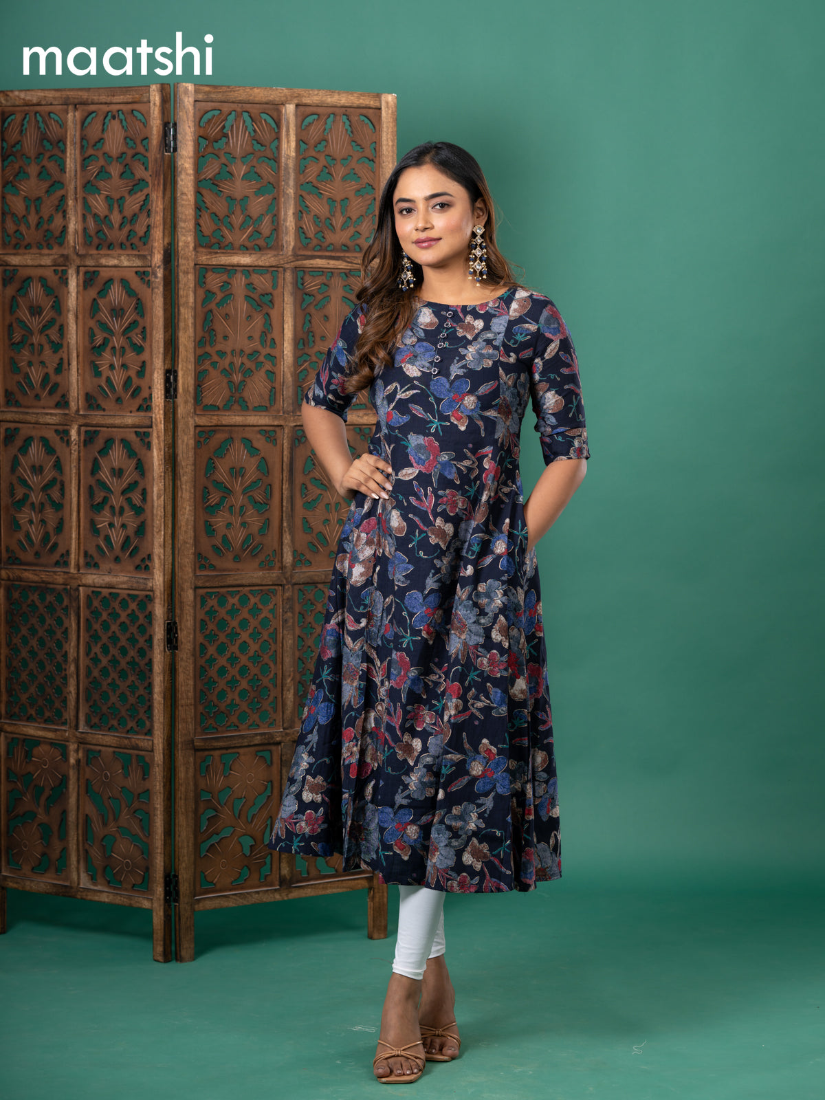 Rayon readymade anarkali kurti navy blue with allover prints & simple neck pattern and without pant