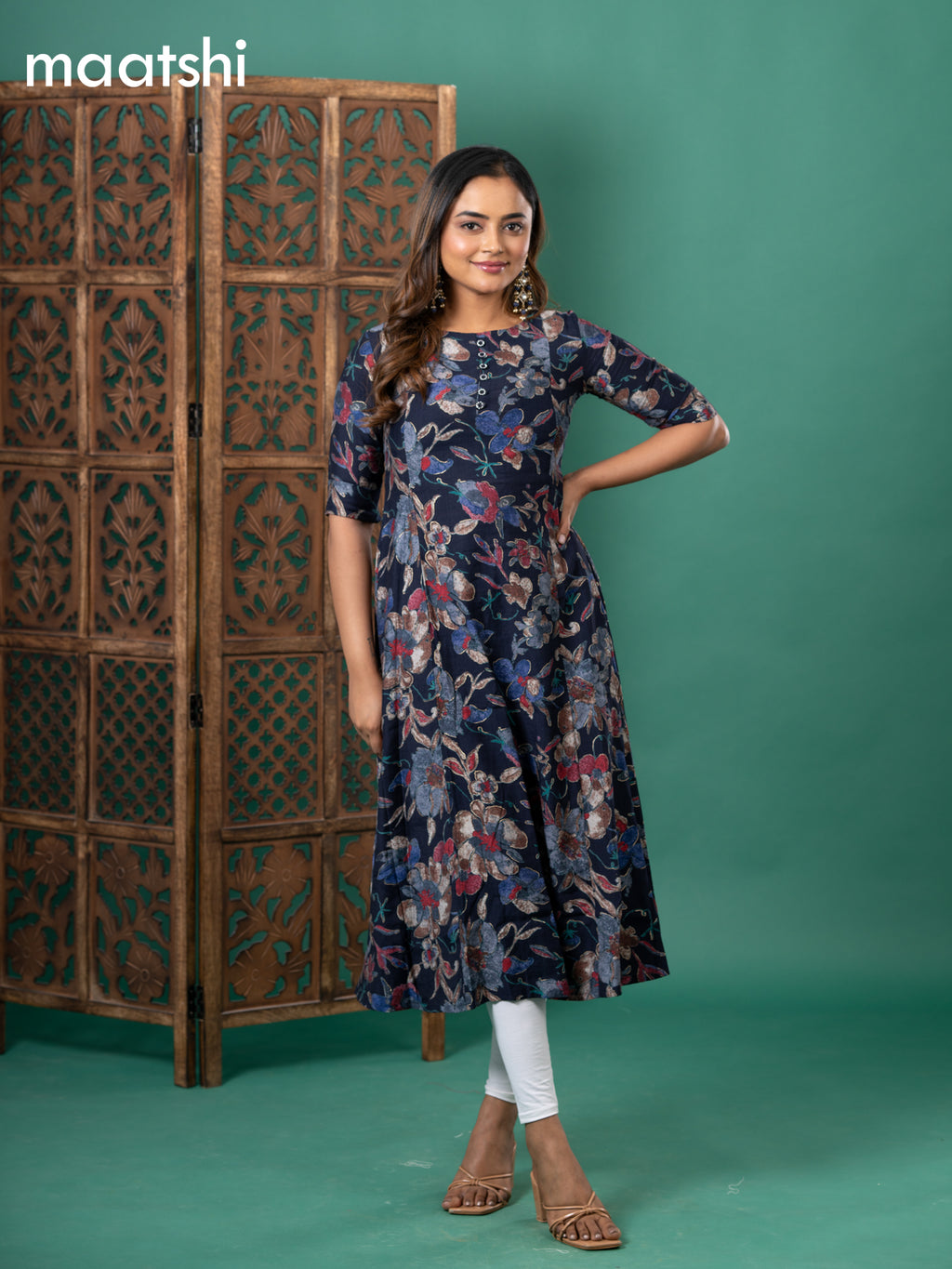 Rayon readymade anarkali kurti navy blue with allover prints & simple neck pattern and without pant