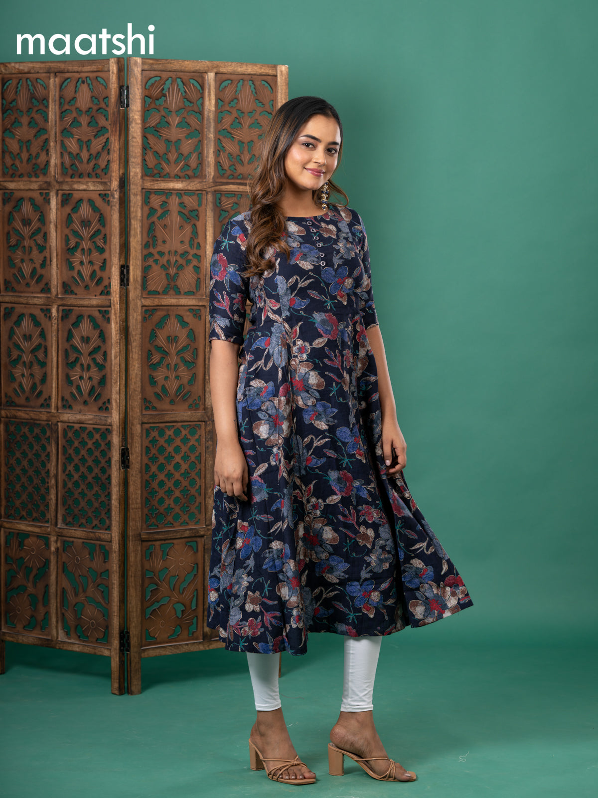 Rayon readymade anarkali kurti navy blue with allover prints & simple neck pattern and without pant