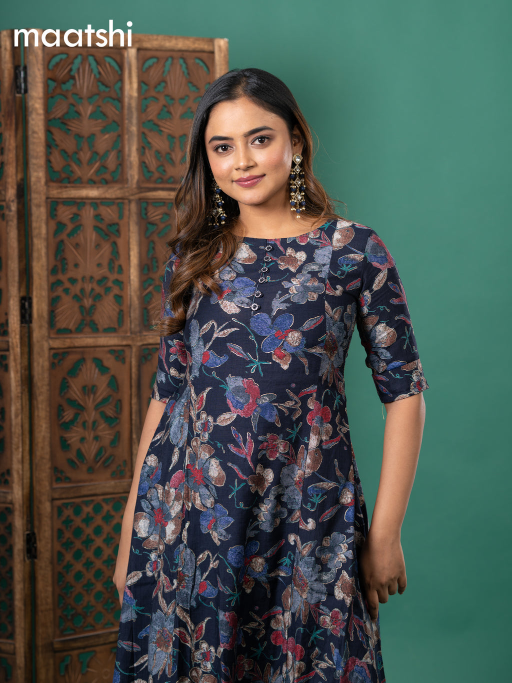 Rayon readymade anarkali kurti navy blue with allover prints & simple neck pattern and without pant