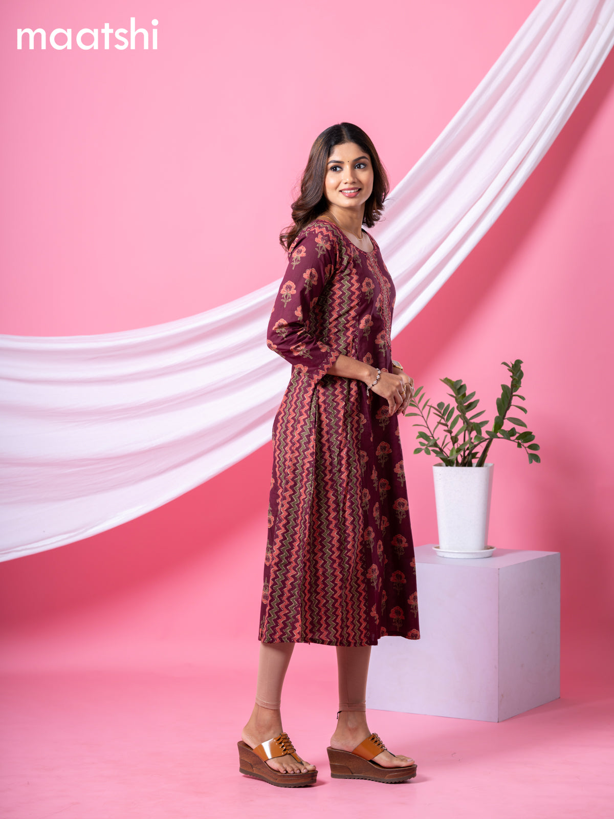 Cotton readymade A-line kurti maroon with allover floral buttas & embroidery sequin work neck pattern and without pant