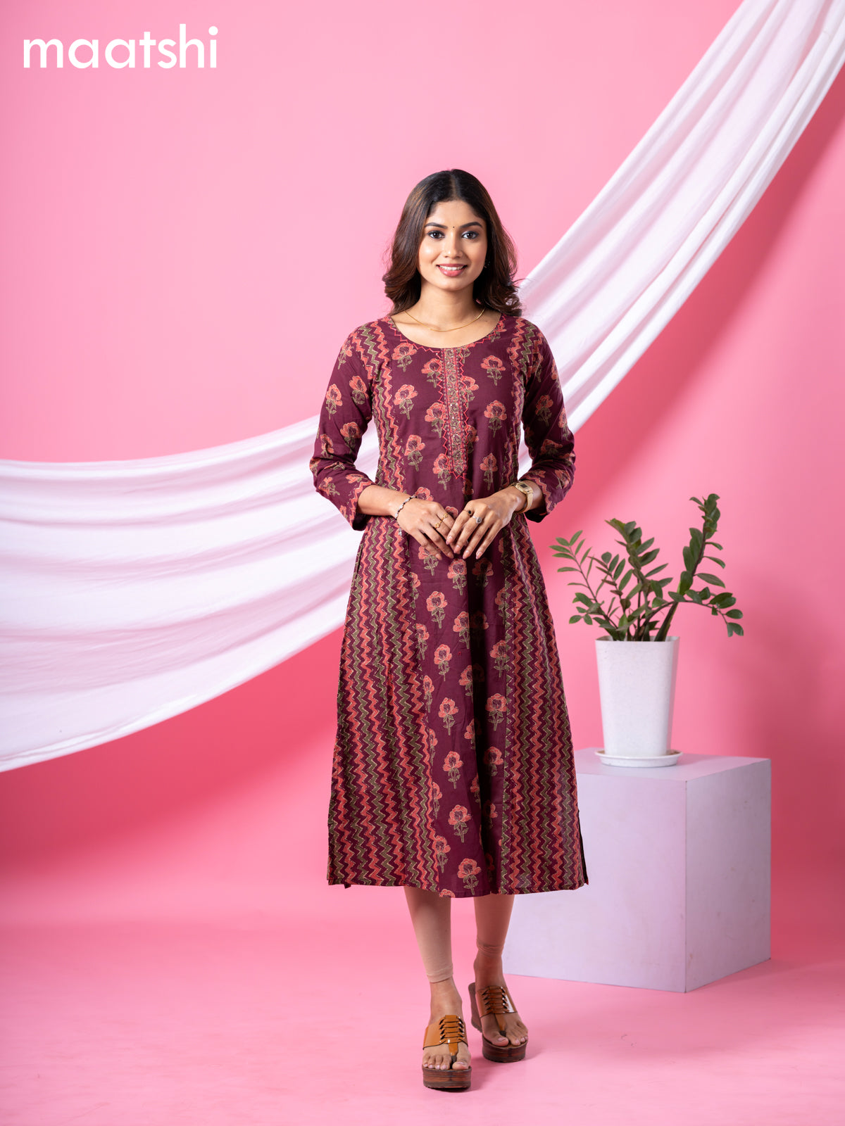 Cotton readymade A-line kurti maroon with allover floral buttas & embroidery sequin work neck pattern and without pant