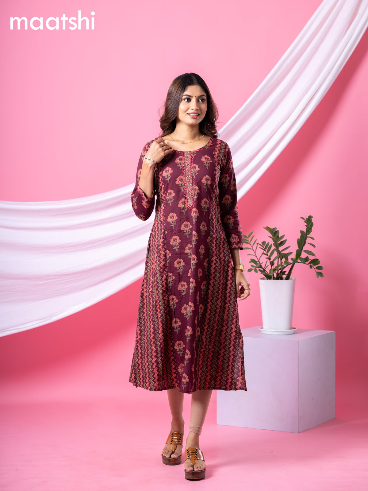 Cotton readymade A-line kurti maroon with allover floral buttas & embroidery sequin work neck pattern and without pant
