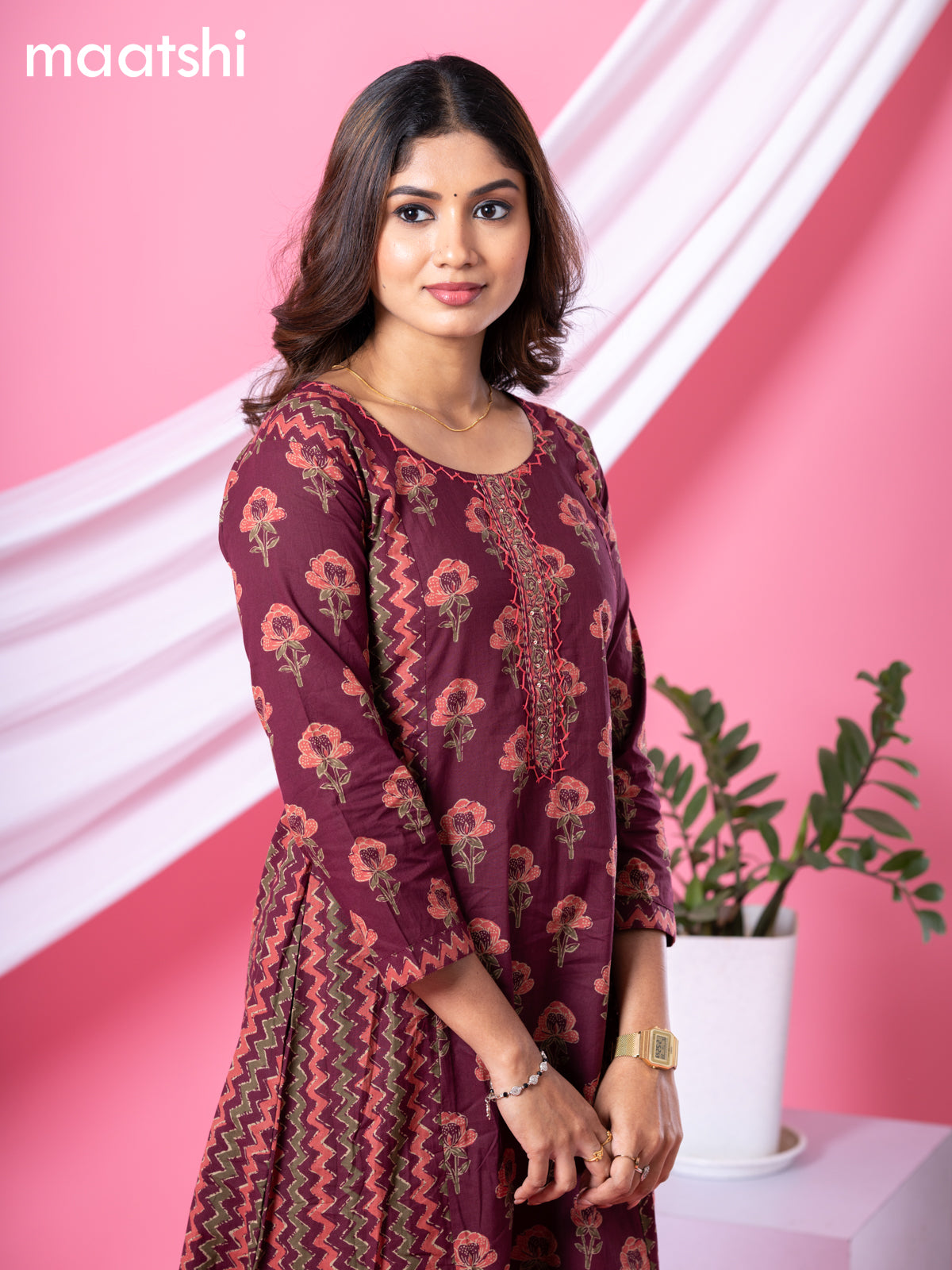 Cotton readymade A-line kurti maroon with allover floral buttas & embroidery sequin work neck pattern and without pant