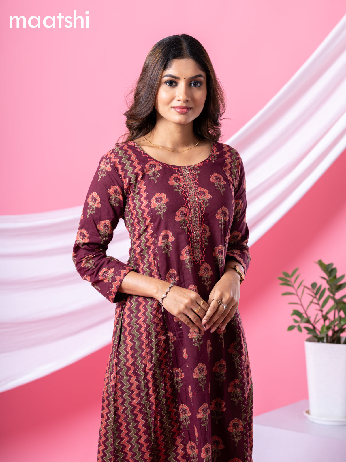 Cotton readymade A-line kurti maroon with allover floral buttas & embroidery sequin work neck pattern and without pant