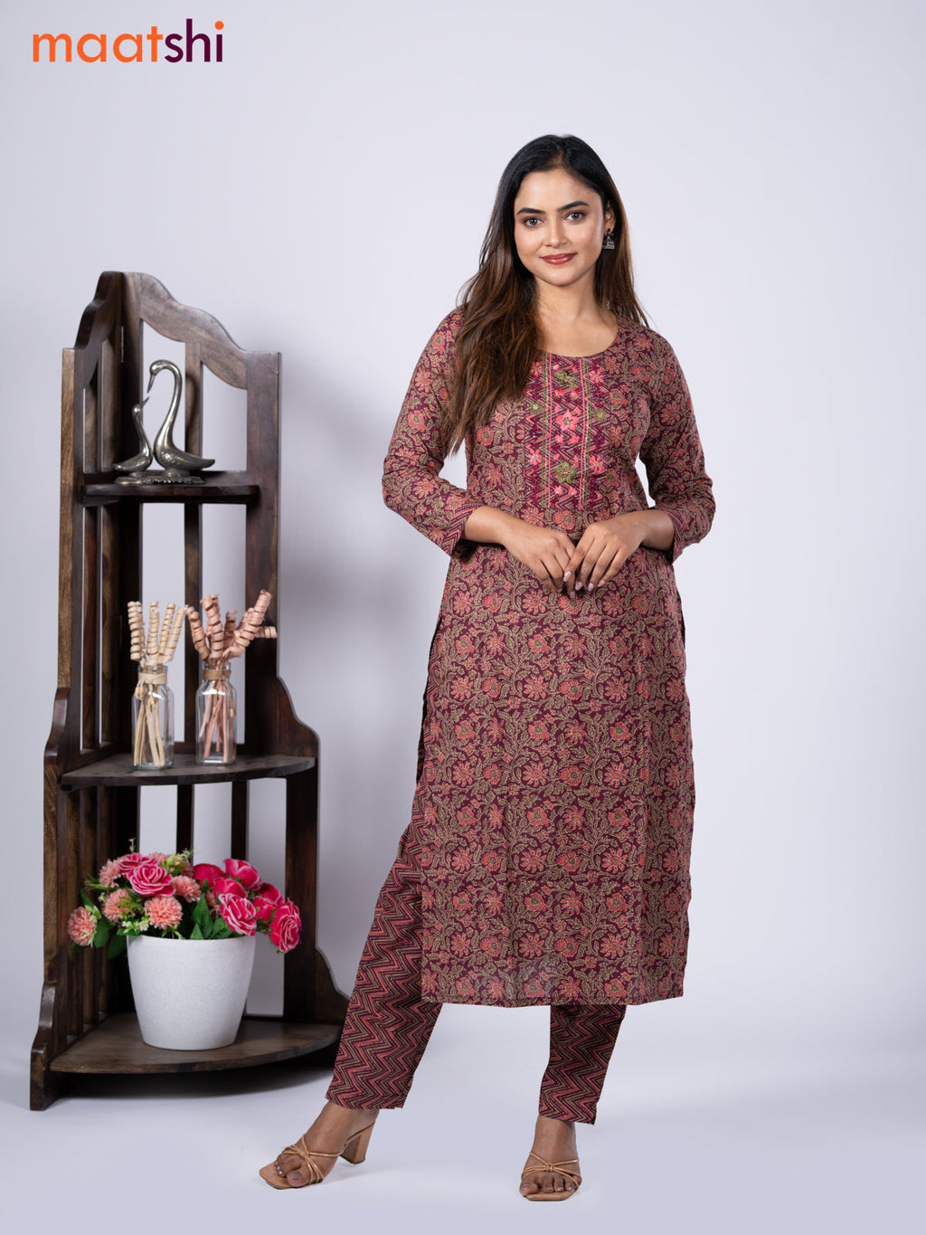 Cotton readymade kurti set maroon and pink with allover kalamkari prints & embroidery mirror work neck pattern and straight cut pant