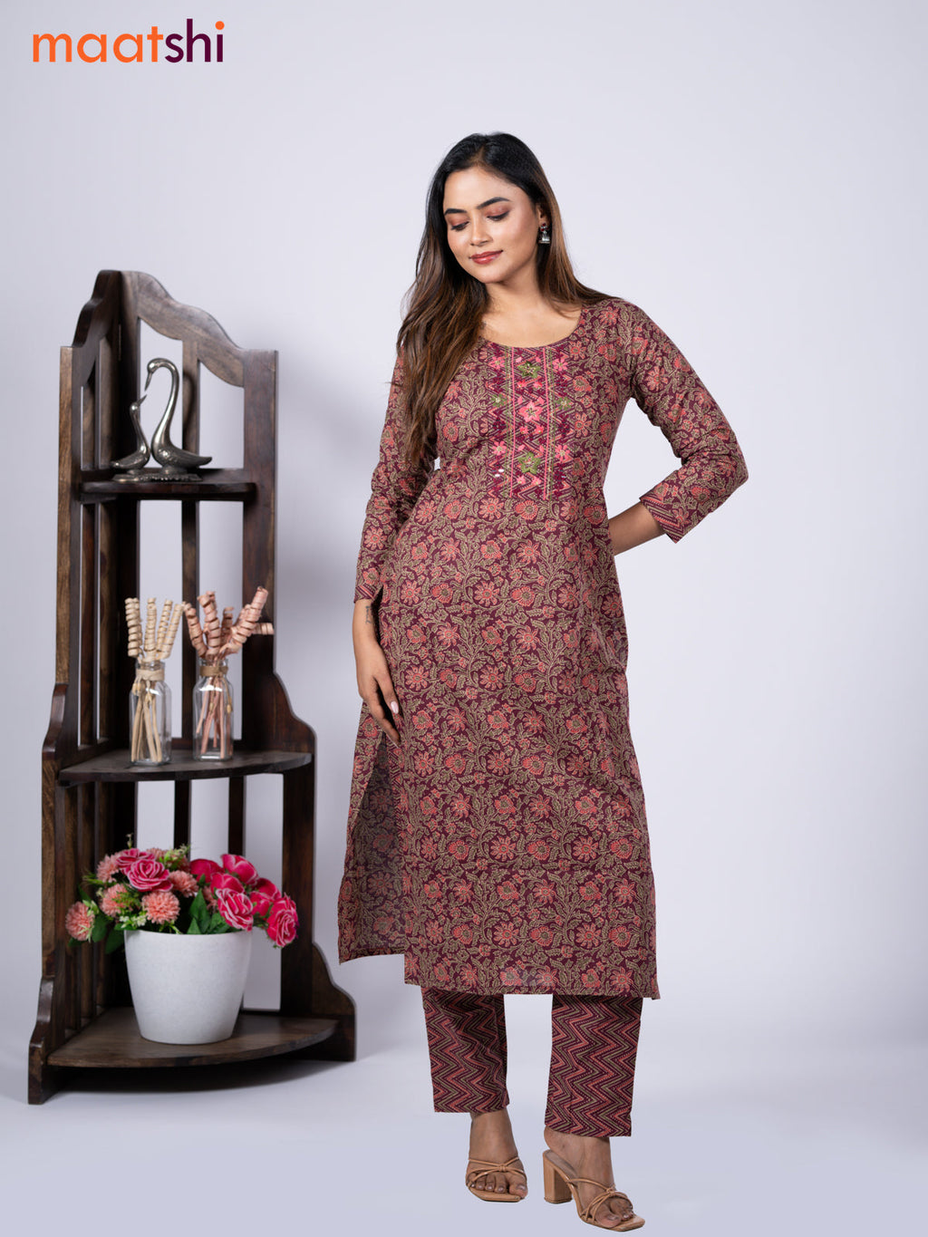 Cotton readymade kurti set maroon and pink with allover kalamkari prints & embroidery mirror work neck pattern and straight cut pant