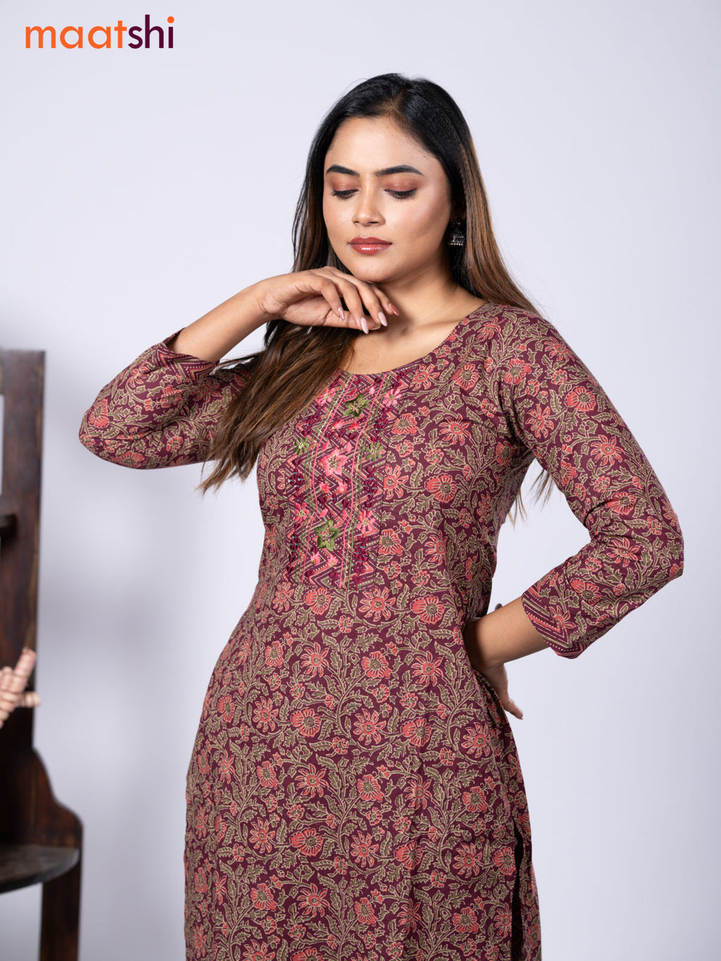 Cotton readymade kurti set maroon and pink with allover kalamkari prints & embroidery mirror work neck pattern and straight cut pant