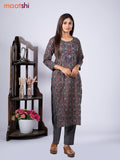 Cotton readymade kurti set blue and maroon with allover kalamkari prints & embroidery mirror work neck pattern and straight cut pant