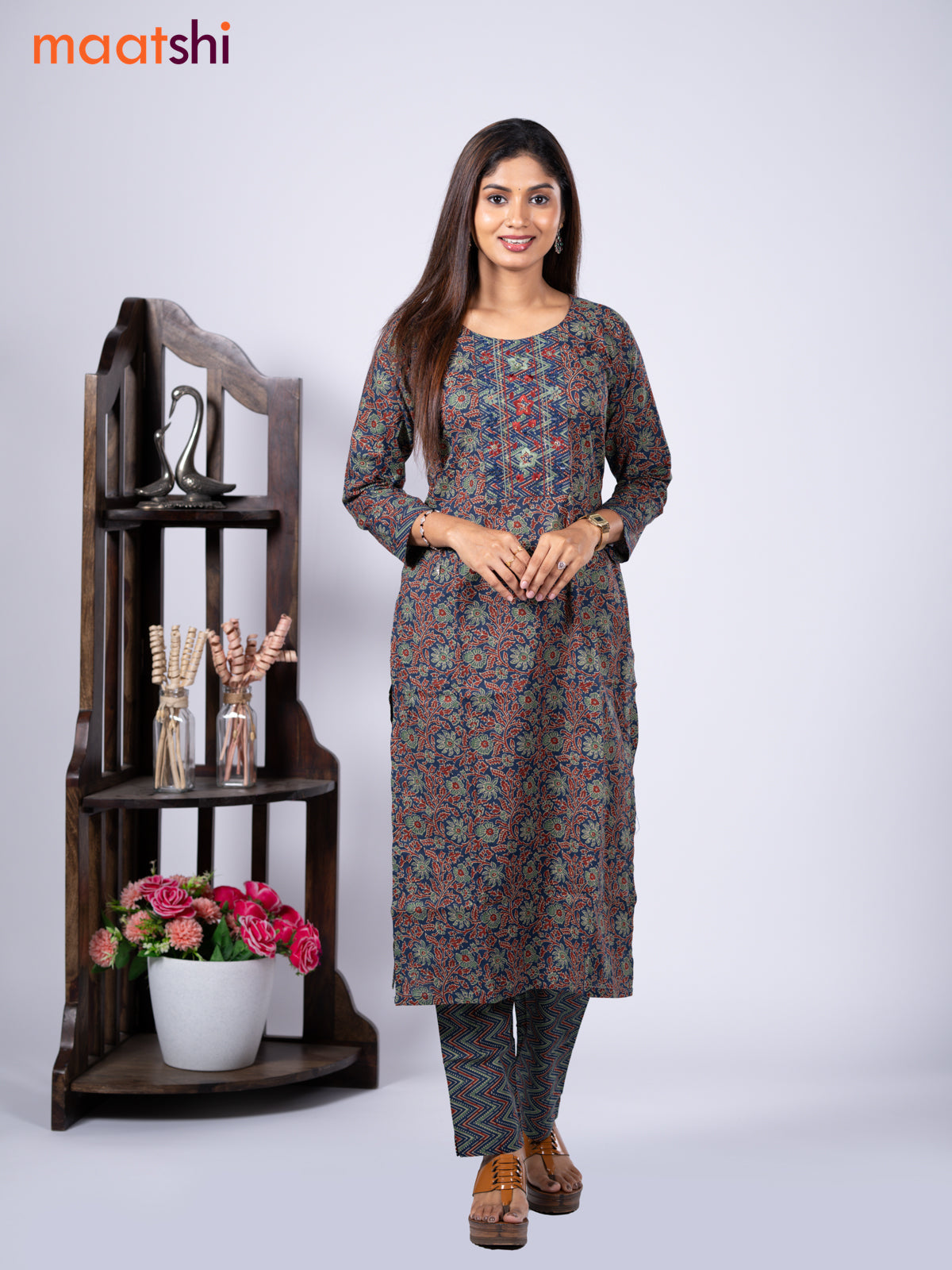 Cotton readymade kurti set blue and maroon with allover kalamkari prints & embroidery mirror work neck pattern and straight cut pant