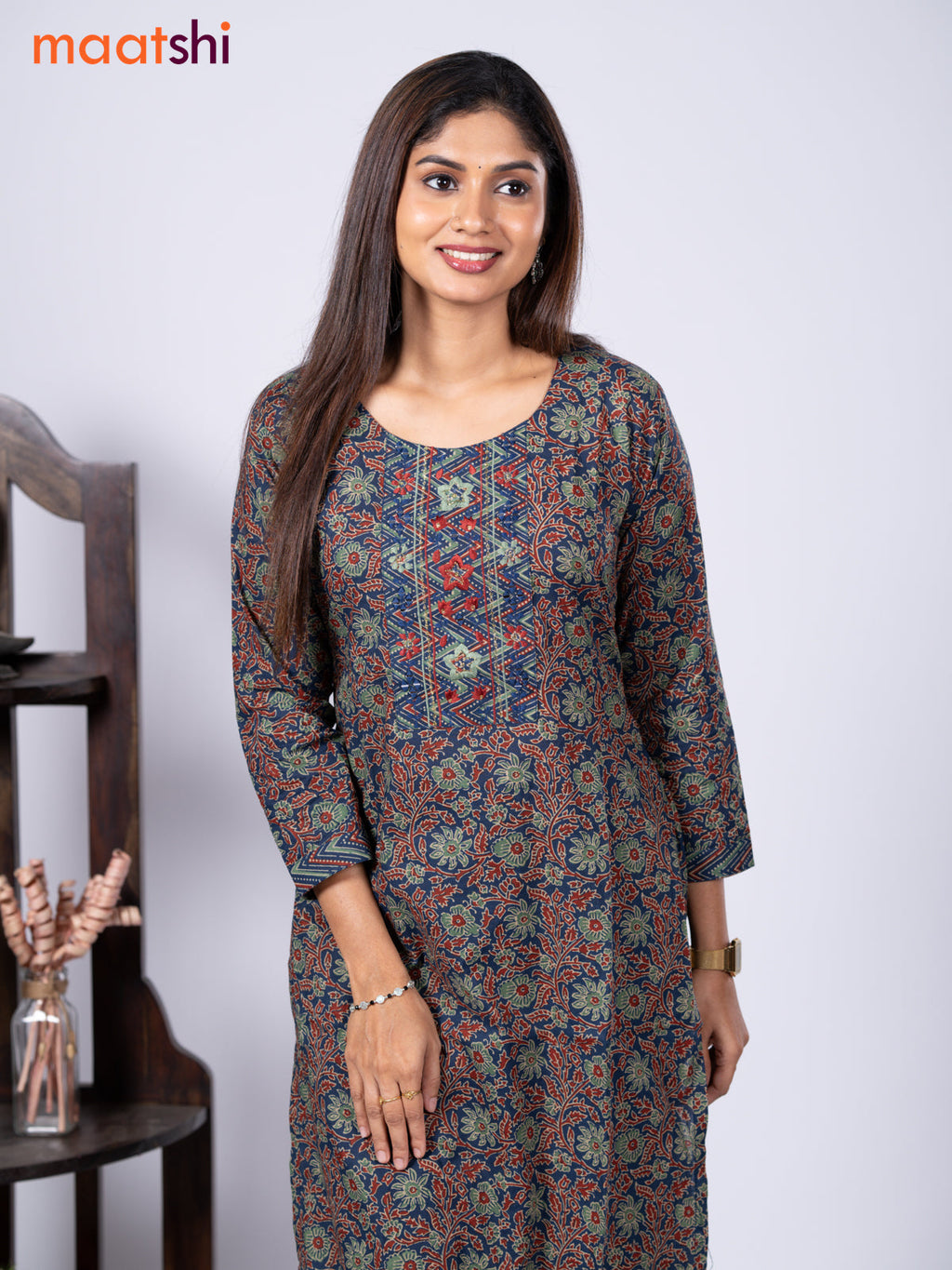 Cotton readymade kurti set blue and maroon with allover kalamkari prints & embroidery mirror work neck pattern and straight cut pant