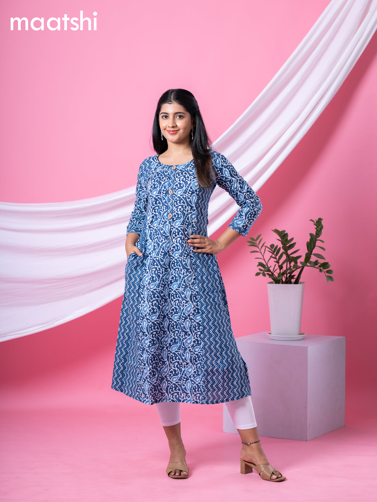 Cotton readymade A-line kurti navy blue and off white with allover batik prints & simple neck pattern and without pant