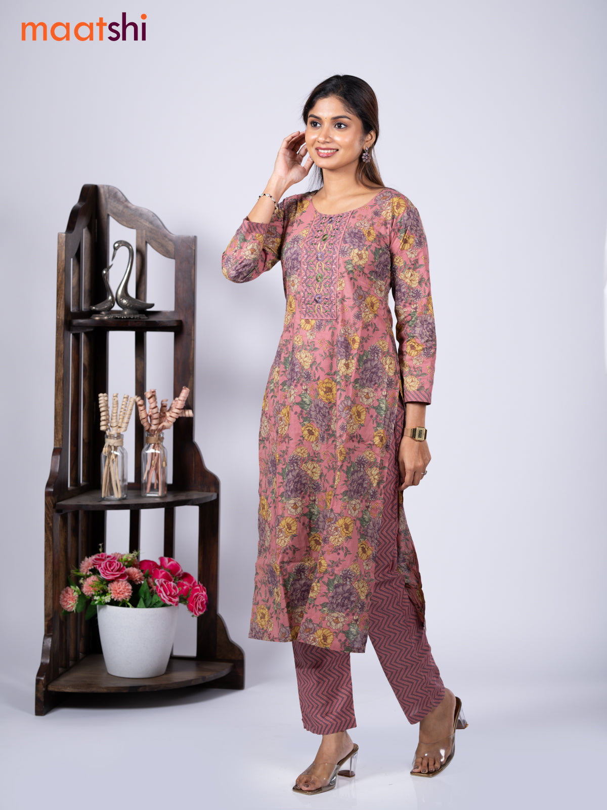 Cotton readymade kurti set pastel pink and pastel purple with allover floral prints & embroidery mirror work neck pattern and straight cut pant