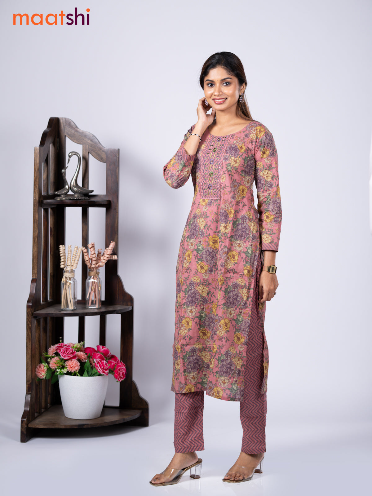 Cotton readymade kurti set pastel pink and pastel purple with allover floral prints & embroidery mirror work neck pattern and straight cut pant