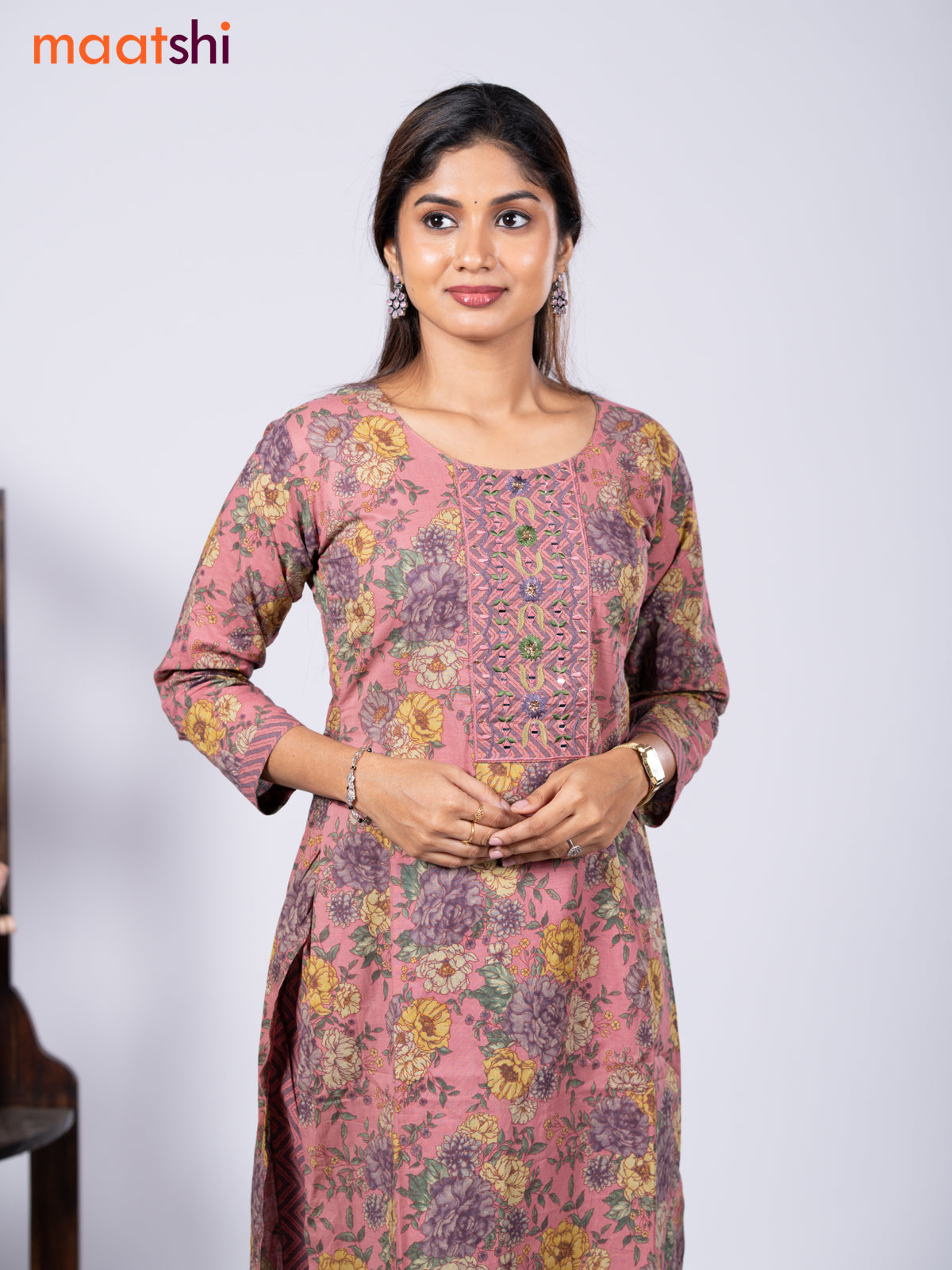 Cotton readymade kurti set pastel pink and pastel purple with allover floral prints & embroidery mirror work neck pattern and straight cut pant