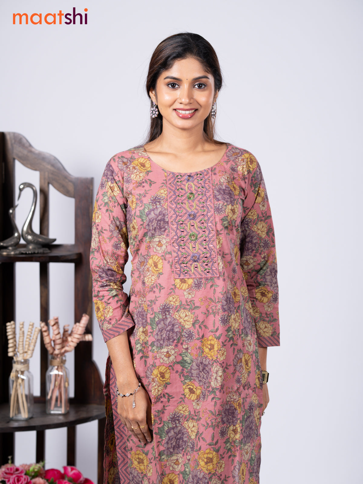 Cotton readymade kurti set pastel pink and pastel purple with allover floral prints & embroidery mirror work neck pattern and straight cut pant