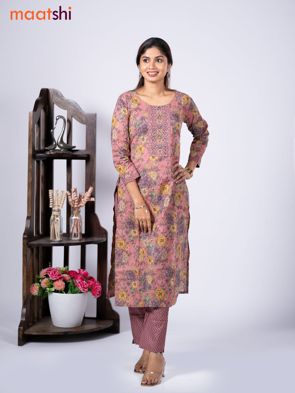 Cotton readymade kurti set pastel pink and pastel purple with allover floral prints & embroidery mirror work neck pattern and straight cut pant