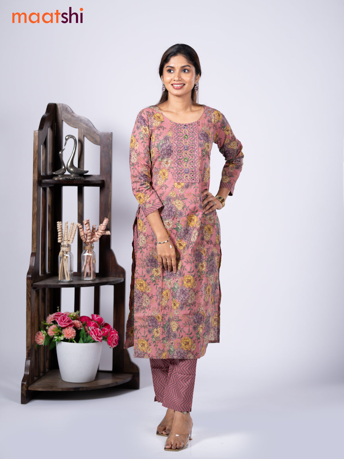 Cotton readymade kurti set pastel pink and pastel purple with allover floral prints & embroidery mirror work neck pattern and straight cut pant