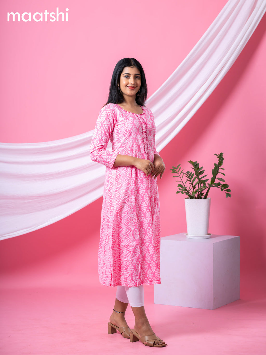 Cotton readymade A-line kurti pink and off white with allover floral buttas & embroidery sequin work neck pattern and without pant