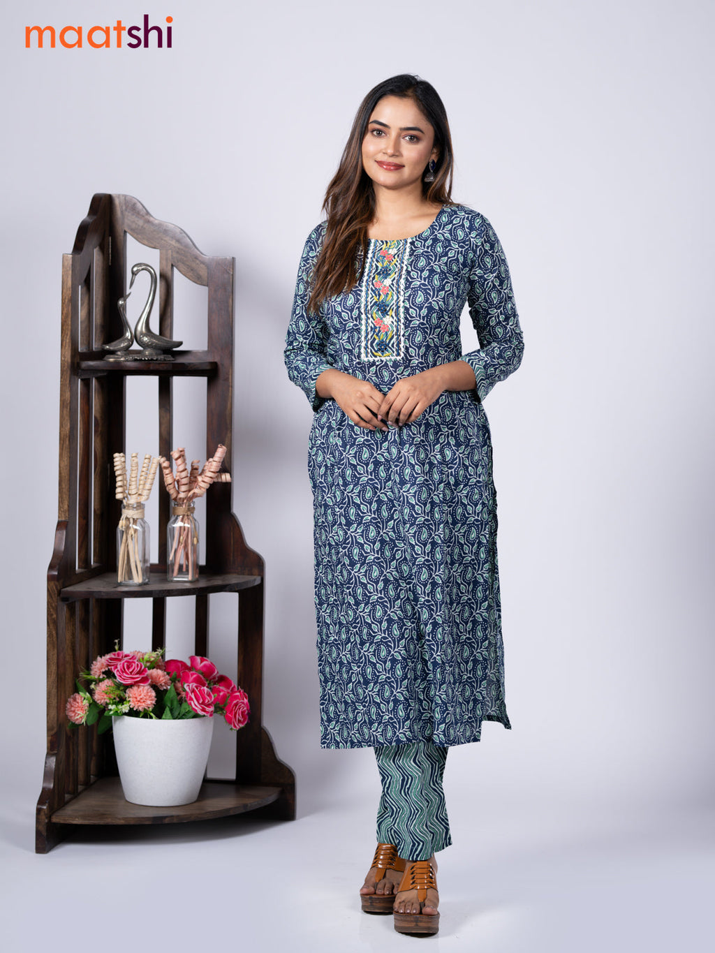 Cotton readymade kurti set blue and teal blue with allover prints & embroidery mirror work neck pattern and straight cut pant