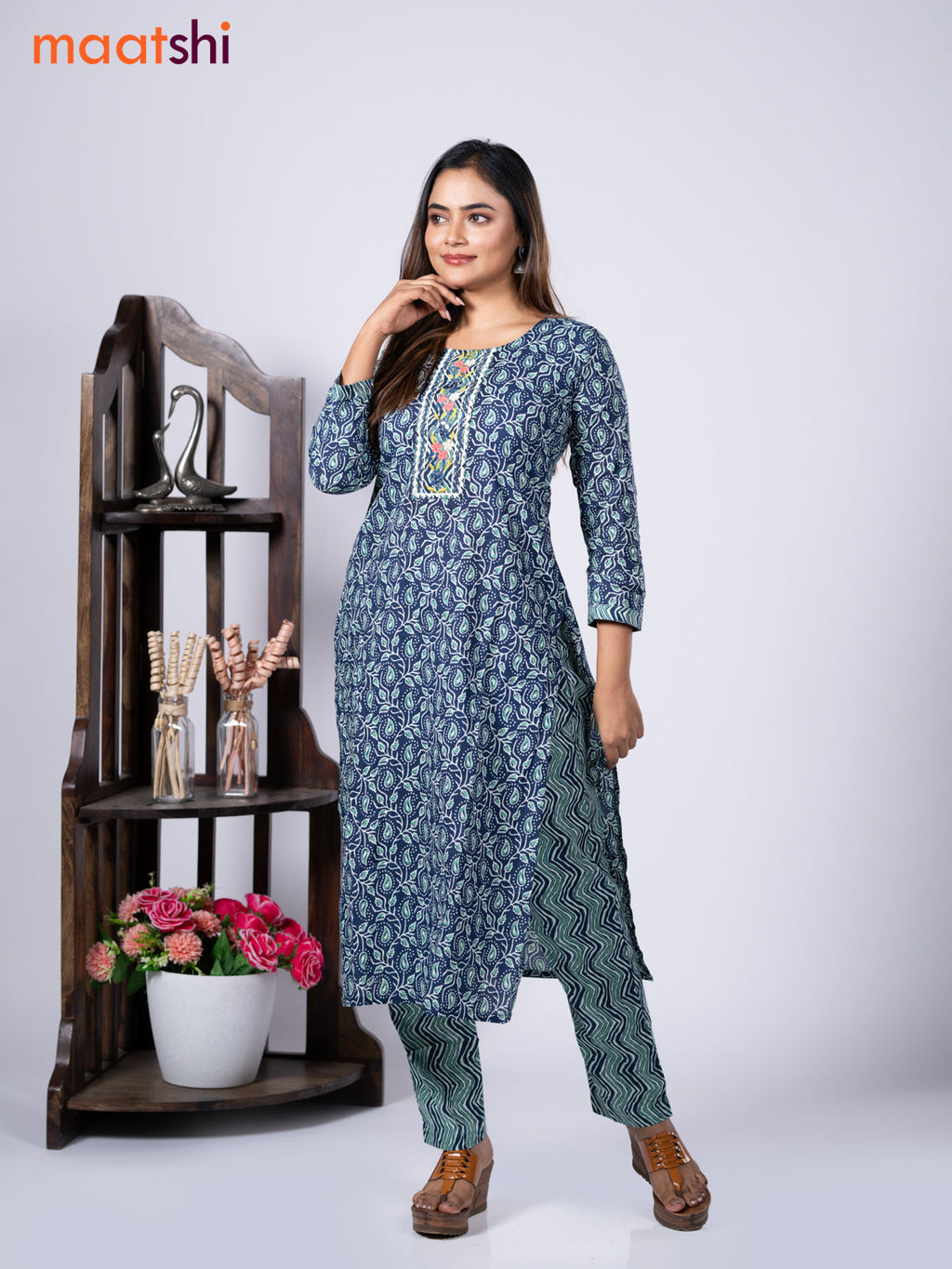 Cotton readymade kurti set blue and teal blue with allover prints & embroidery mirror work neck pattern and straight cut pant